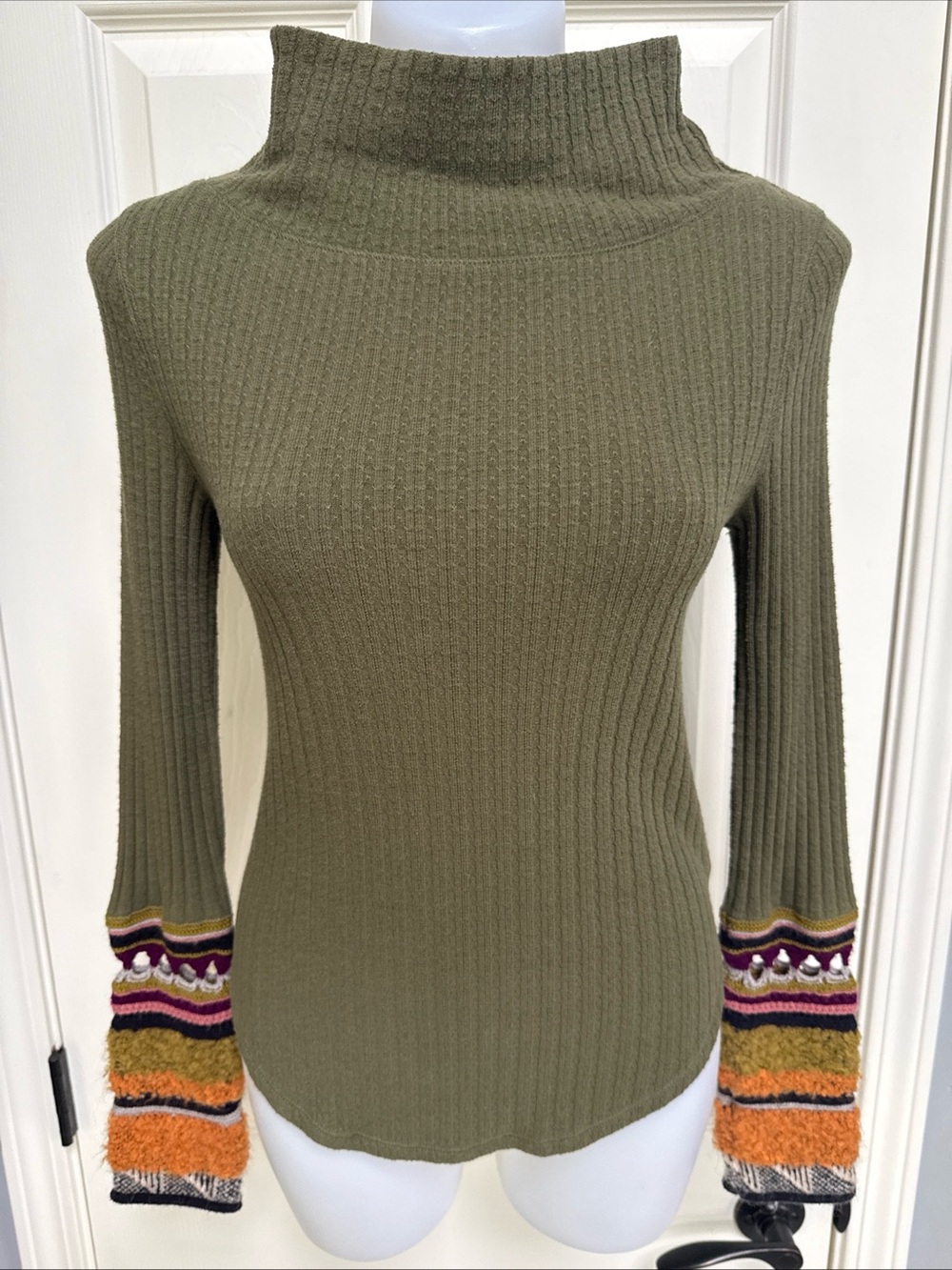 FREE PEOPLE "Mixed Up Cuff" Thermal Knit Cuff Green Long Sleeves Mock Neck sz M